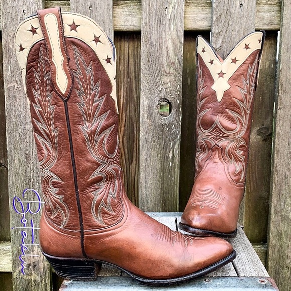 Larry Mahan Shoes - LARRY MAHAN Vintage Star Inlay Tall Mid-Calf Brown Leather Cowgirl Western Boots